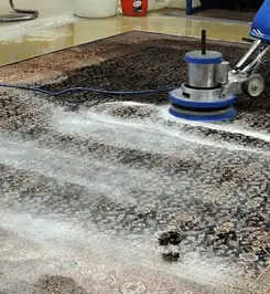 Professional rug cleaning with a rotary floor machine and shampoo foam, deep-cleaning an area rug Akron, OH.